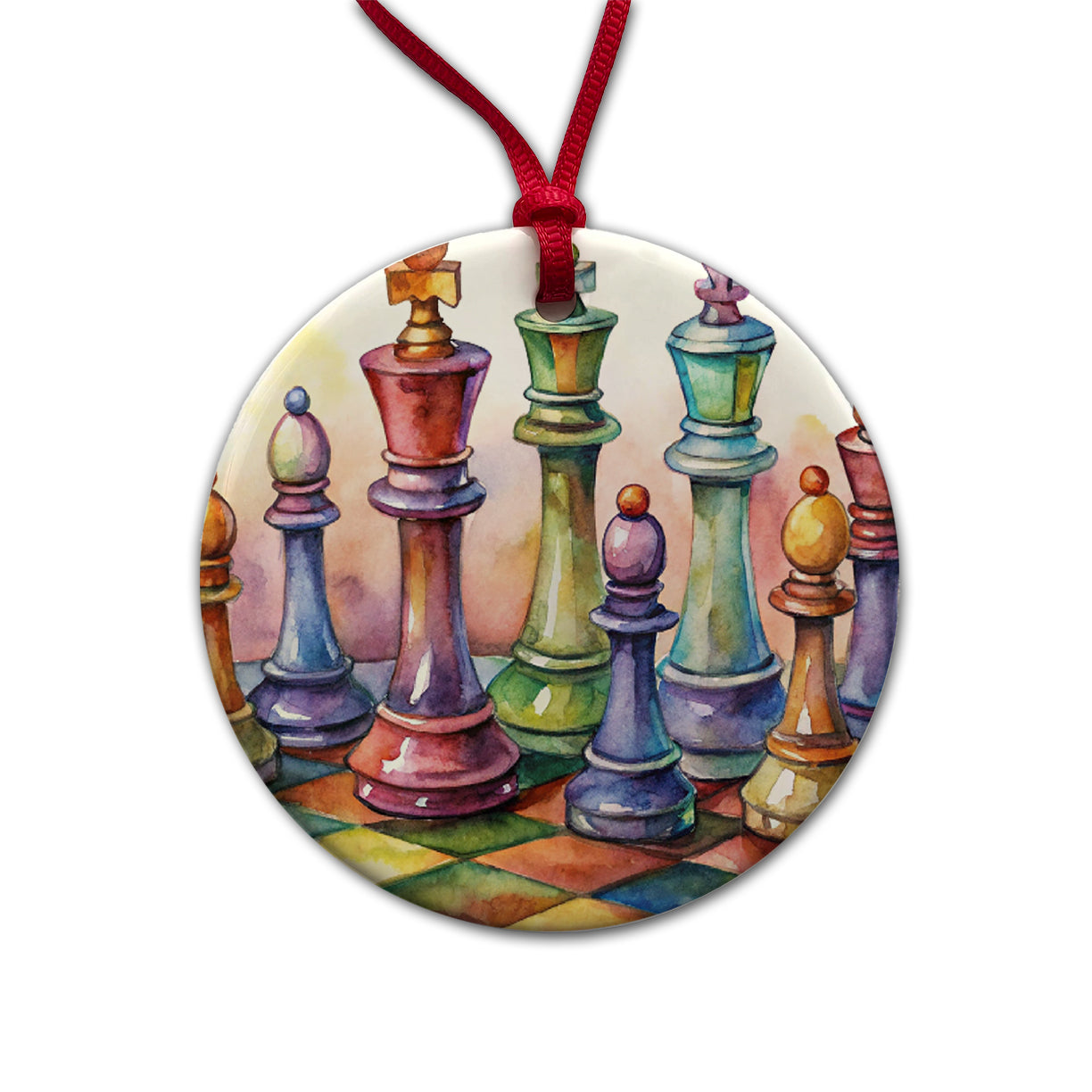 Chess Pieces Colorful Watercolor Round Ceramic Holiday Christmas Tree Ornament