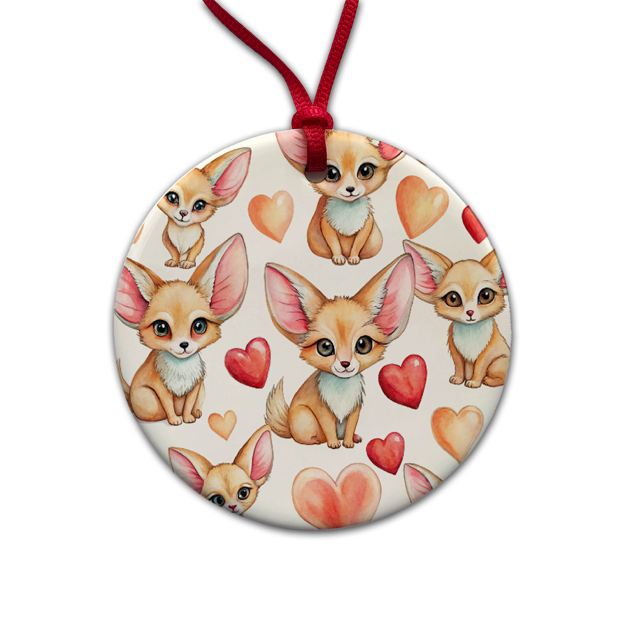 Chibi Fenec Foxes And Hearts Round Ceramic Holiday Christmas Tree Ornament