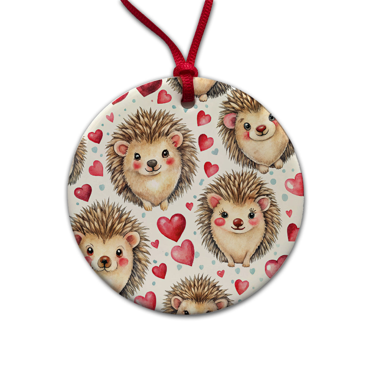 Chibi Hedgehogs And Hearts Watercolor Round Ceramic Holiday Christmas Tree Ornament