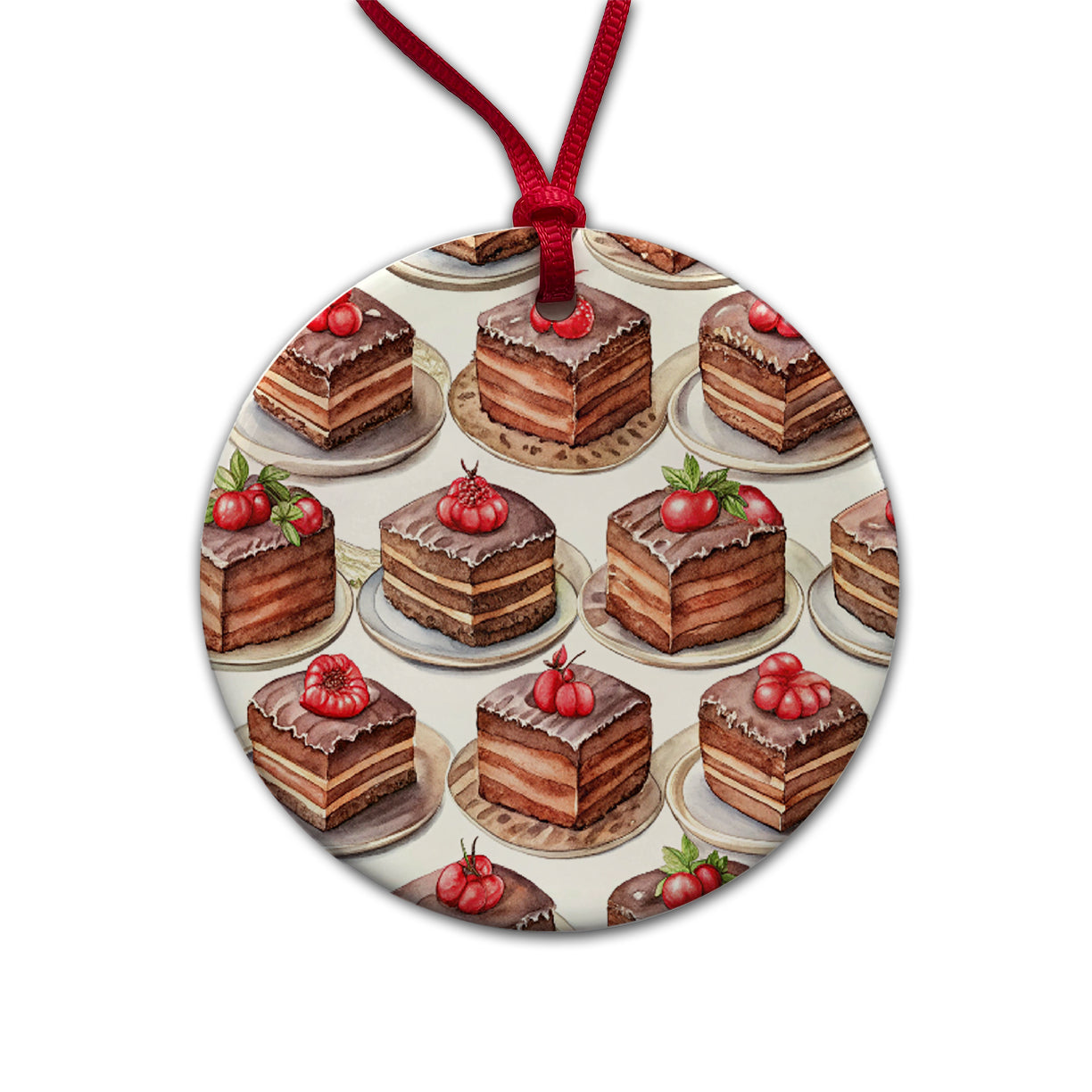 Chocolate Cake On Plates Round Ceramic Holiday Christmas Tree Ornament