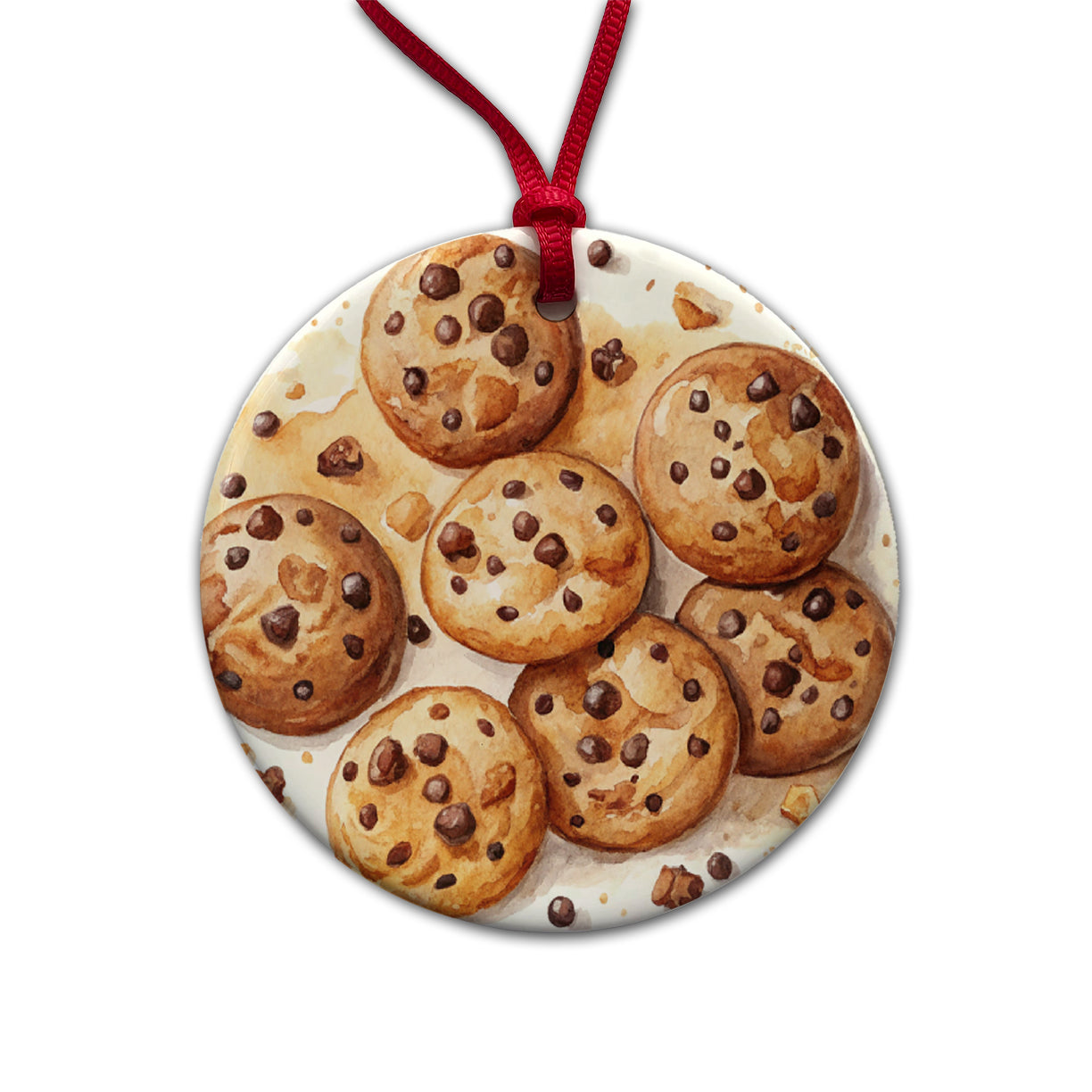 Chocolate Chip Cookies Watercolor Round Ceramic Holiday Christmas Tree Ornament