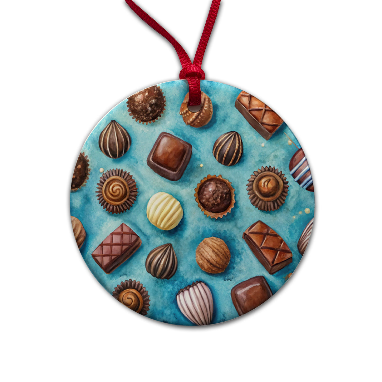 Chocolates Candy Blue Background Watercolor Round Ceramic Holiday Christmas Tree Ornament