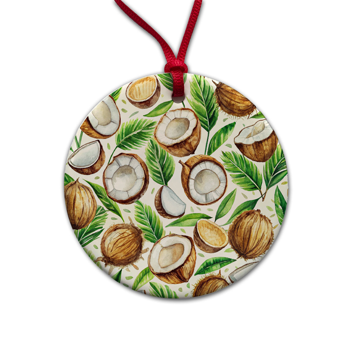 Coconut Pattern Watercolor Round Ceramic Holiday Christmas Tree Ornament