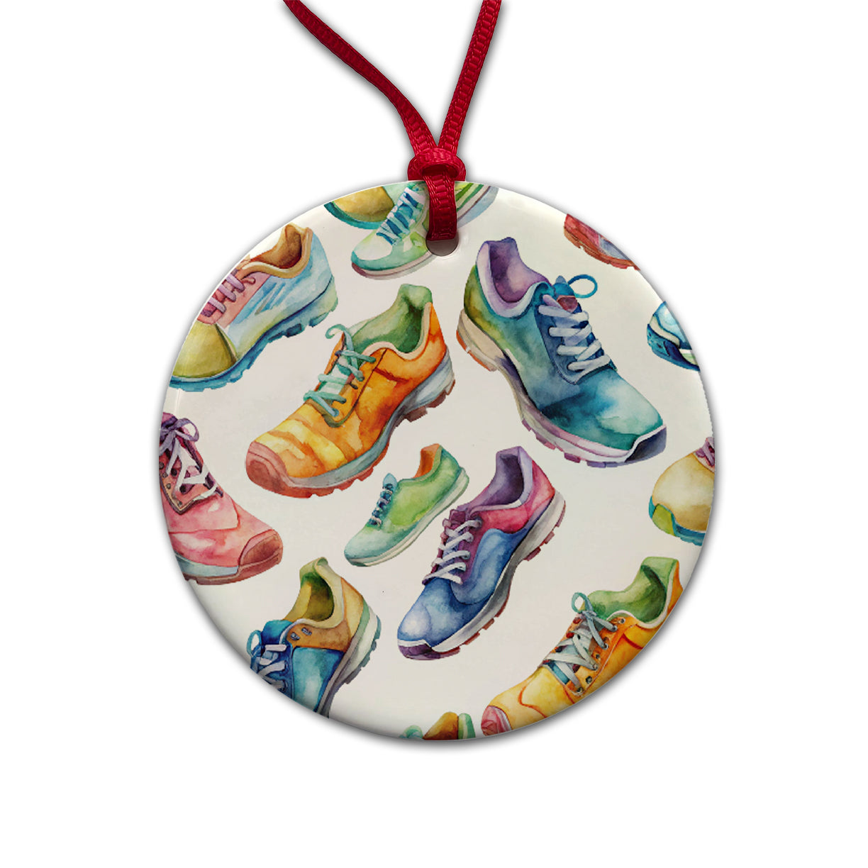 Colorful Running Shoes Runners Round Ceramic Holiday Christmas Tree Ornament