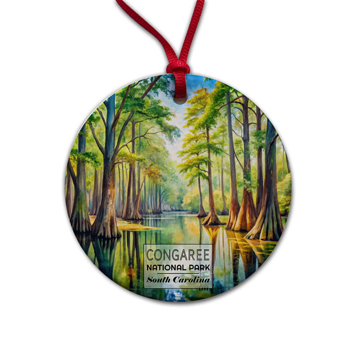 Congaree National Park South Carolina Watercolor Round Ceramic Holiday Christmas Tree Ornament