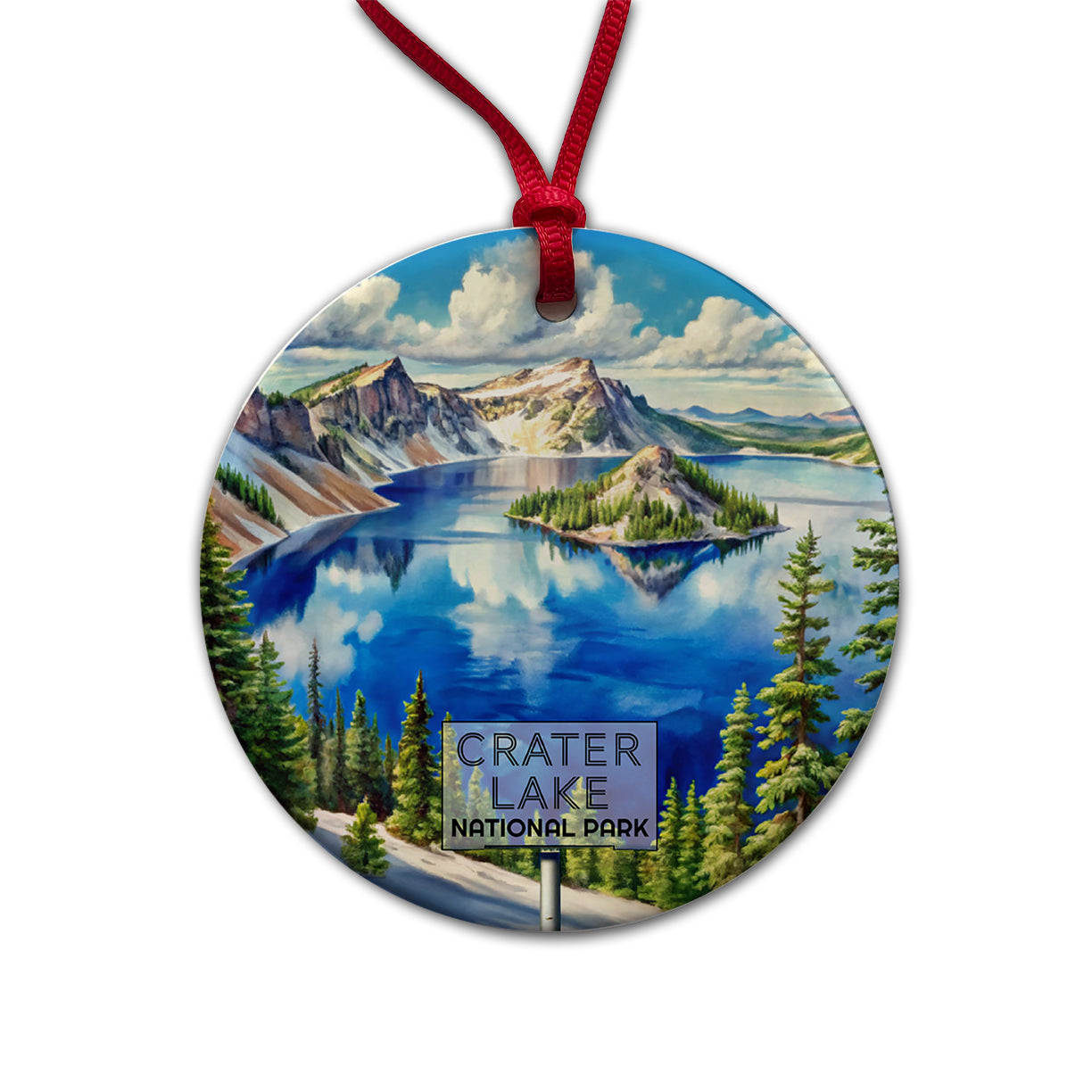 Crater Lake National Park Oregon Watercolor Round Ceramic Holiday Christmas Tree Ornament
