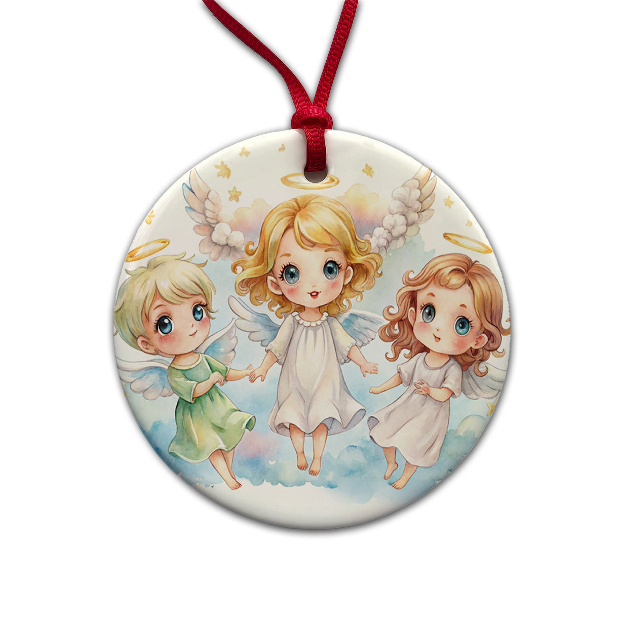 Cute Angels Watercolor Round Ceramic Holiday Christmas Tree Ornament