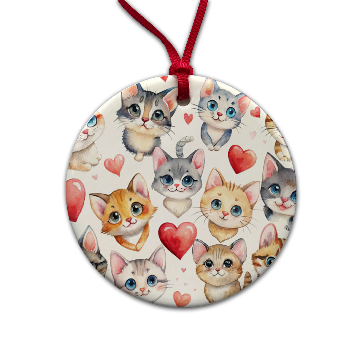 Cute Fun Cats Hearts Watercolor Round Ceramic Holiday Christmas Tree Ornament