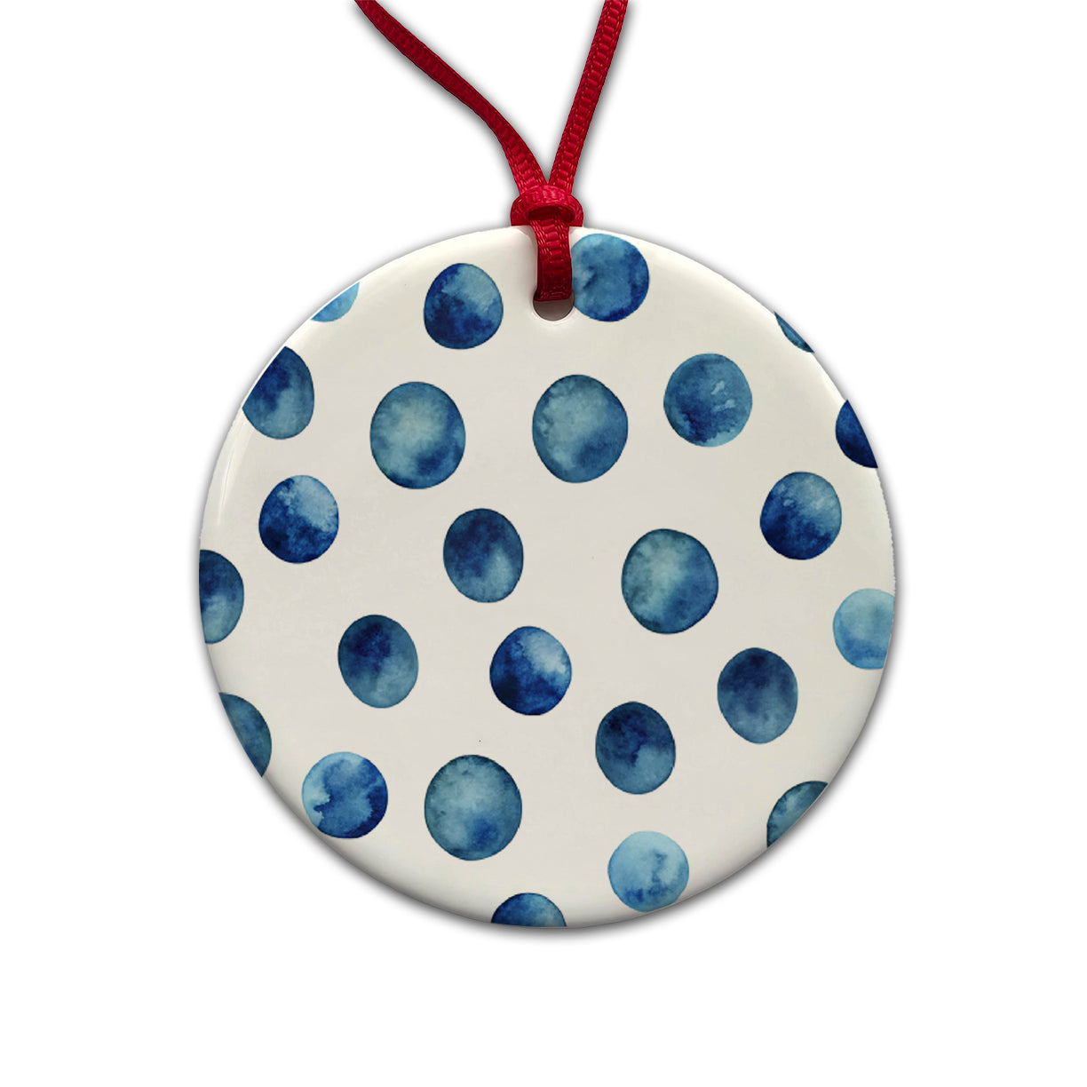 Dark Blue Polka Dots Fun White Background Round Ceramic Holiday Christmas Tree Ornament