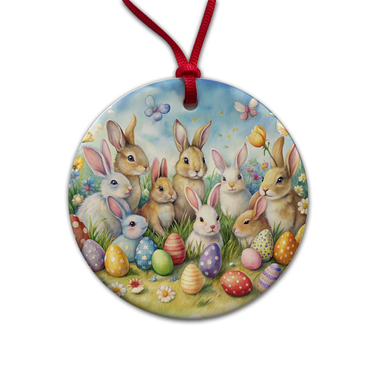 Easter Bunnies Watercolor Round Ceramic Holiday Christmas Tree Ornament