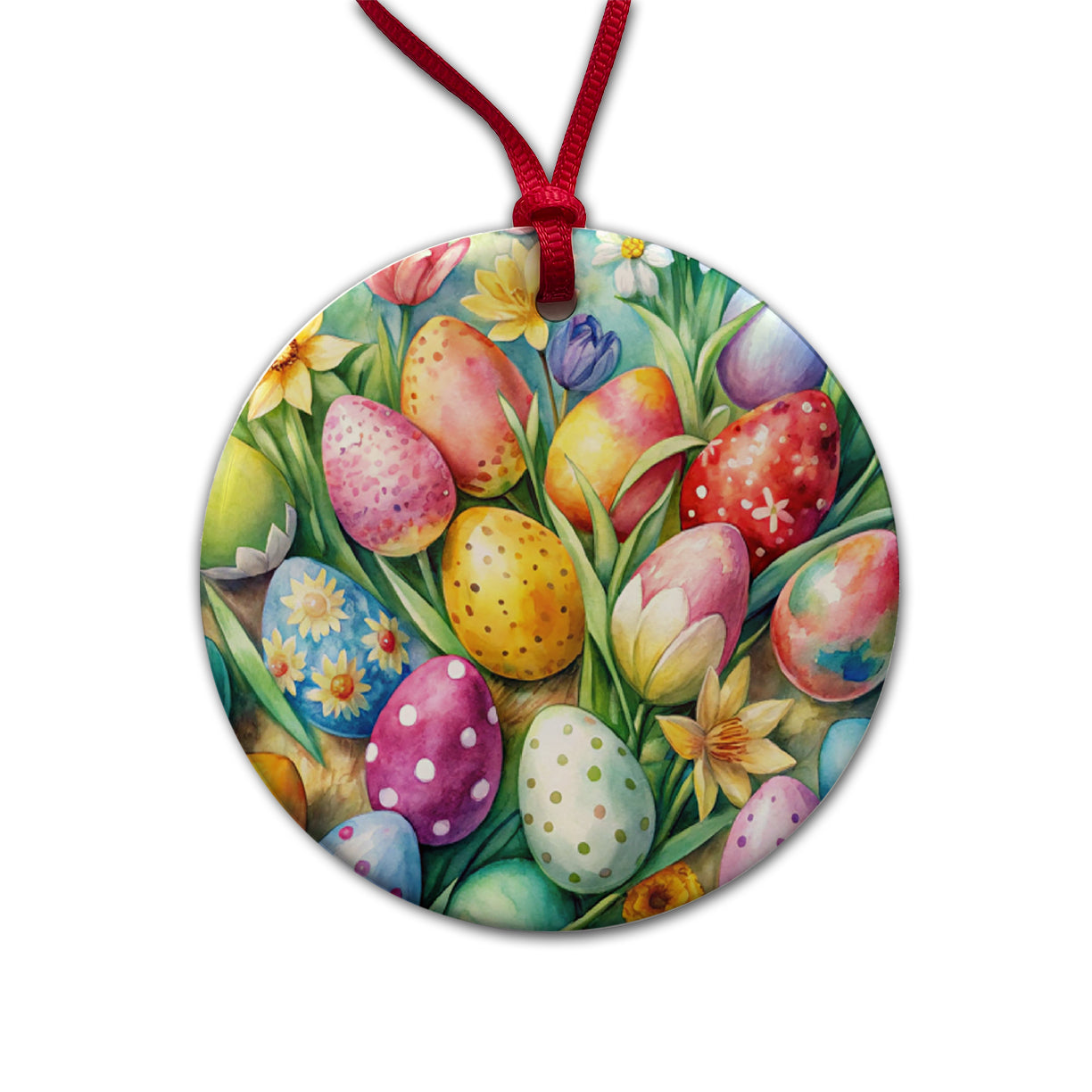 Easter Eggs Flowers Watercolor Round Ceramic Holiday Christmas Tree Ornament