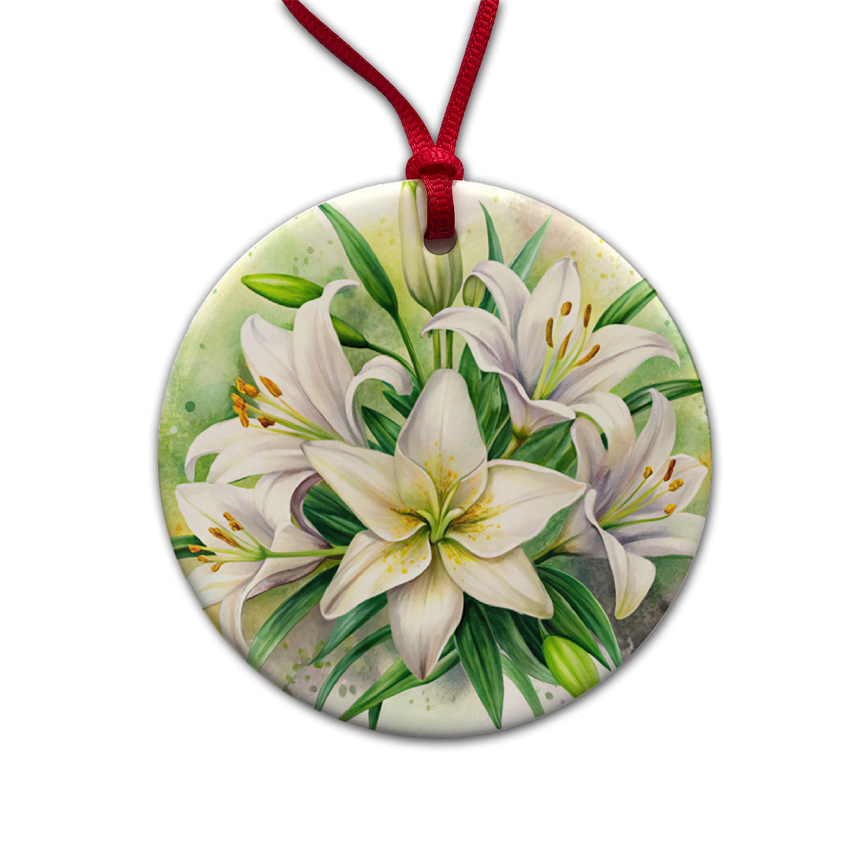 Easter Lily Flowers Watercolor Round Ceramic Holiday Christmas Tree Ornament