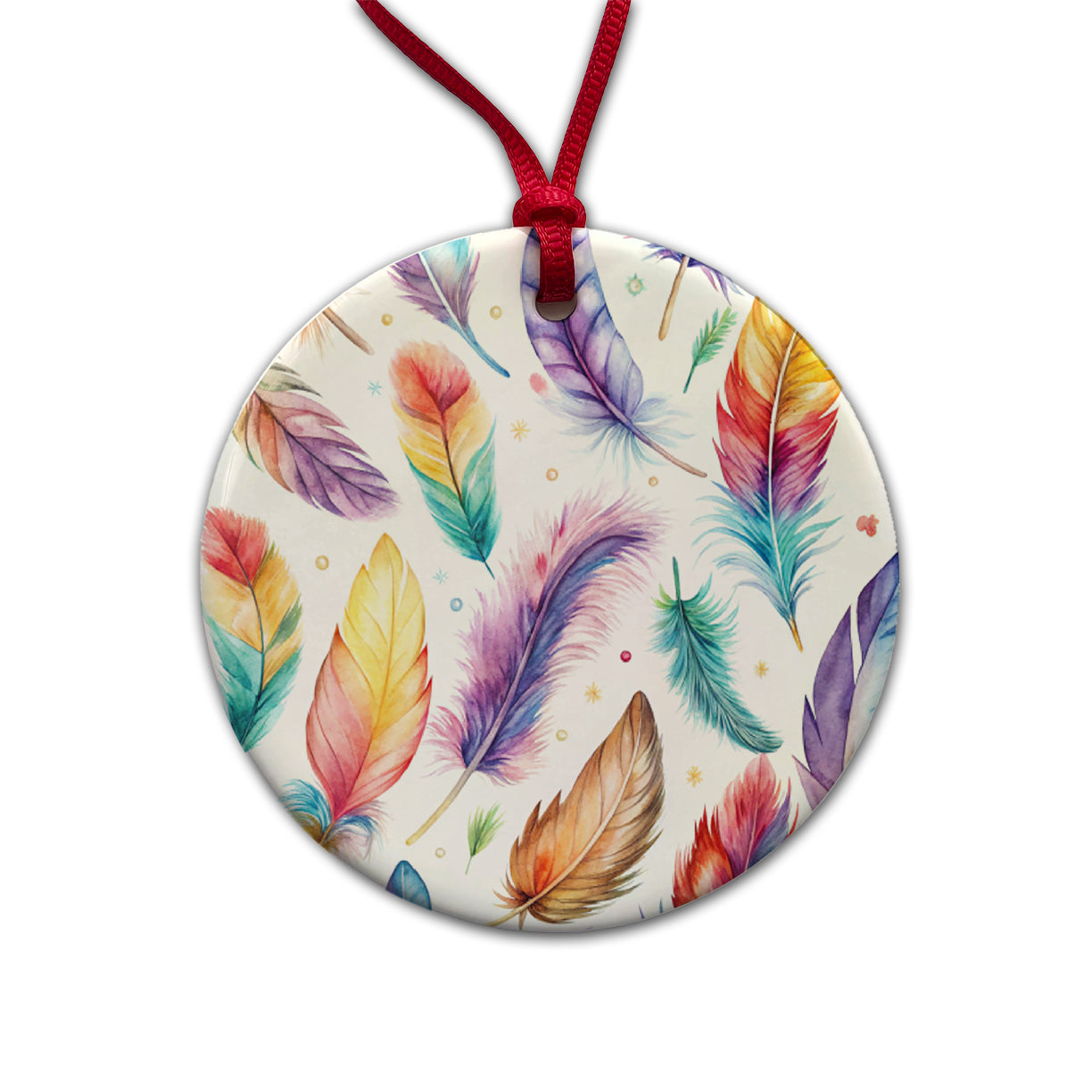 Feathers Watercolor Round Ceramic Holiday Christmas Tree Ornament