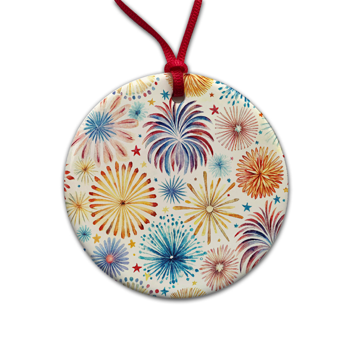 Fireworks Colorful Patriotic Fourth of July Round Ceramic Holiday Christmas Tree Ornament