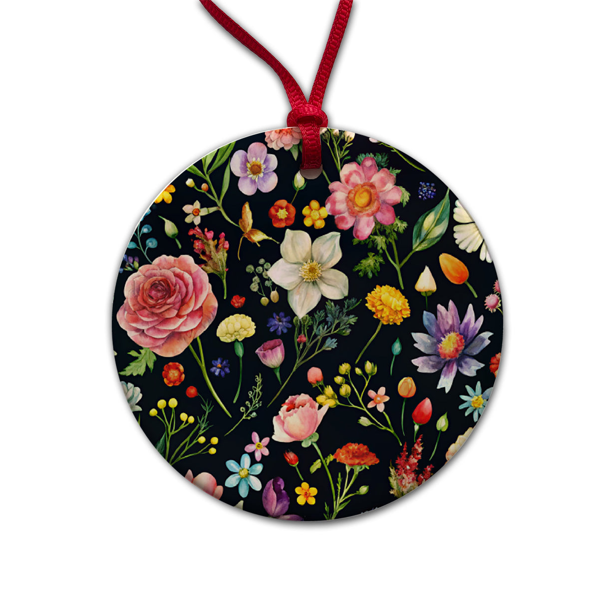 Flowers Black Background Watercolor Round Ceramic Holiday Christmas Tree Ornament