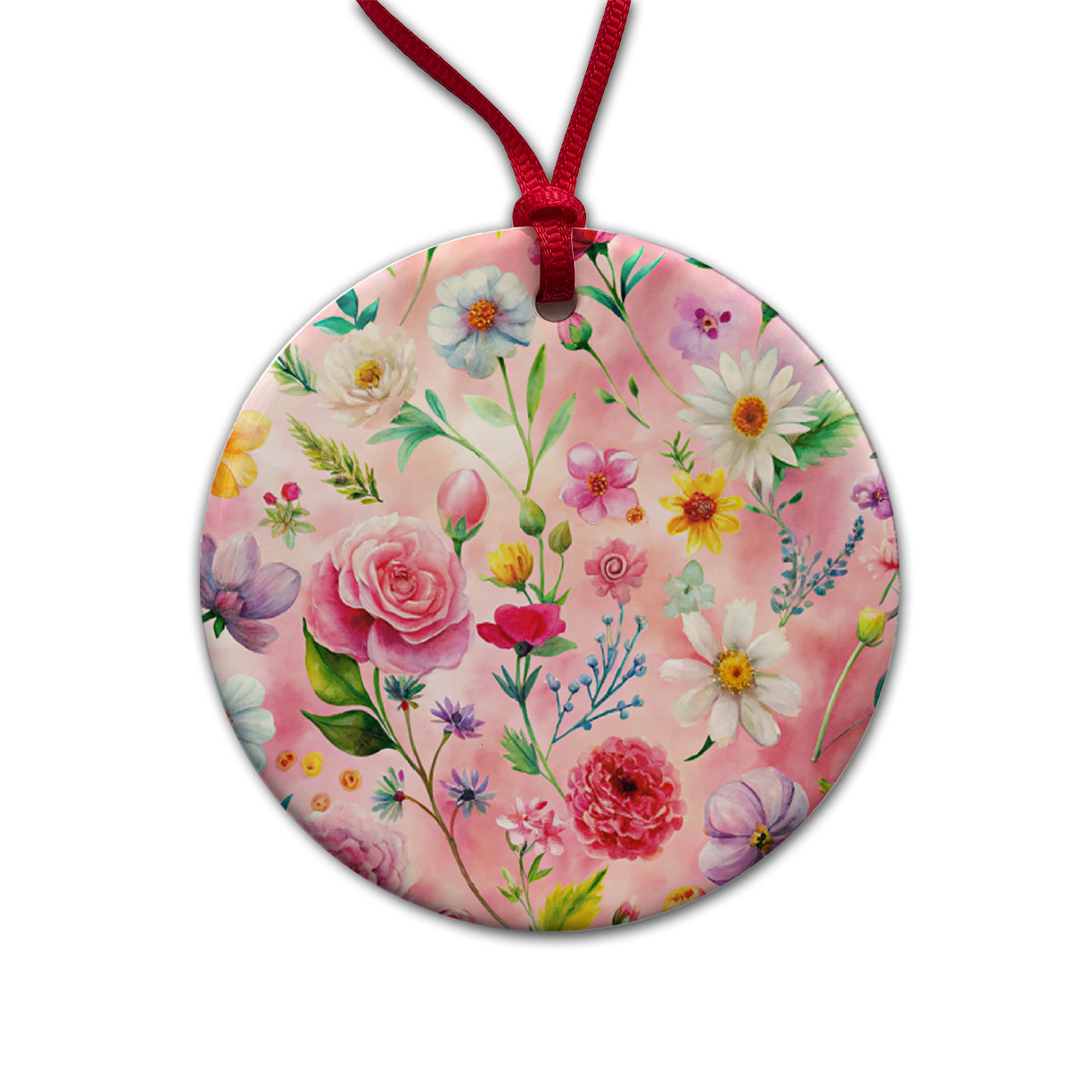 Flowers Pink Background Watercolor Round Ceramic Holiday Christmas Tree Ornament