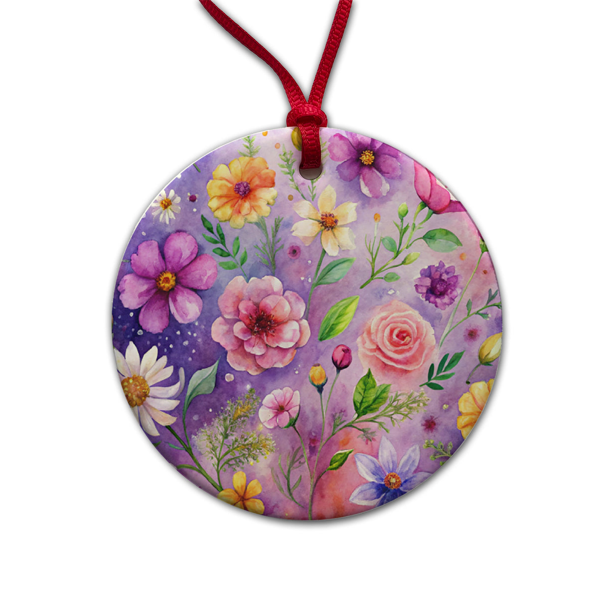 Flowers Purple Background Watercolor Round Ceramic Holiday Christmas Tree Ornament