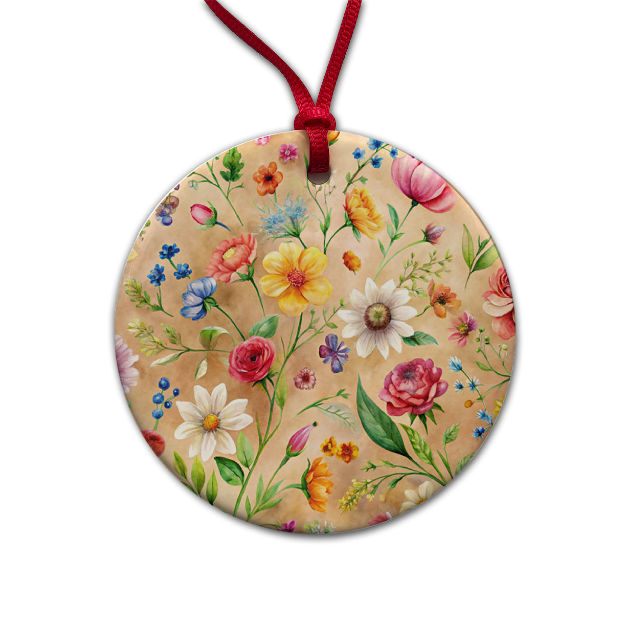Flowers Tan Background Watercolor Round Ceramic Holiday Christmas Tree Ornament