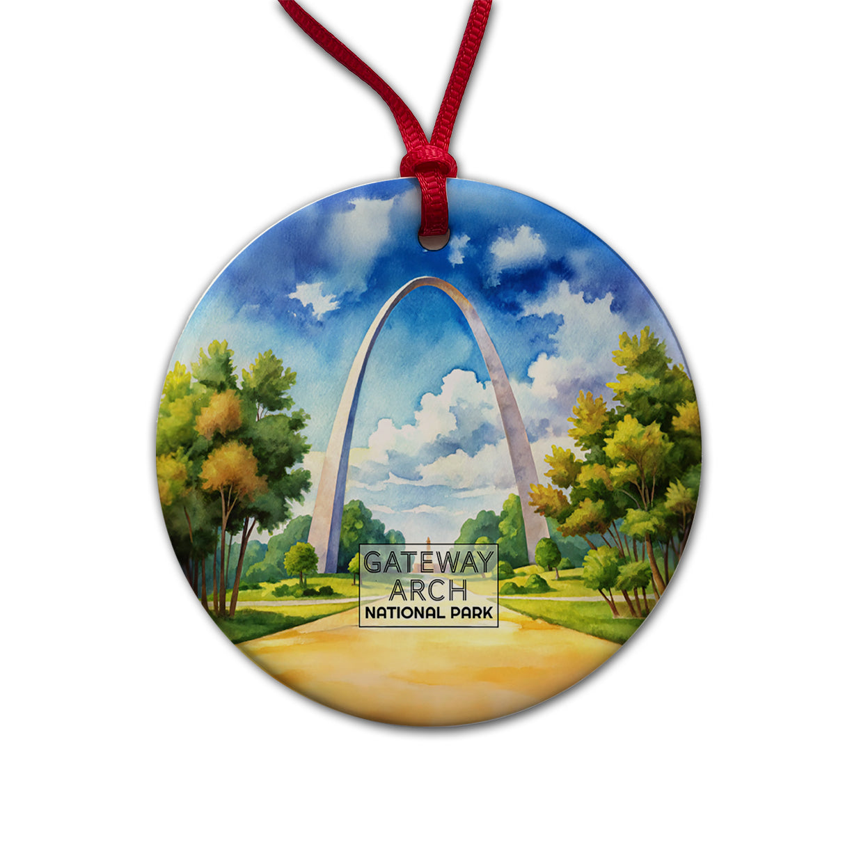 Gateway Arch National Park Missouri Watercolor Round Ceramic Holiday Christmas Tree Ornament