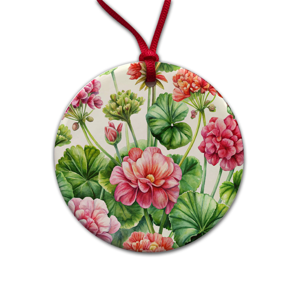 Geraniums Flowers Watercolor Round Ceramic Holiday Christmas Tree Ornament
