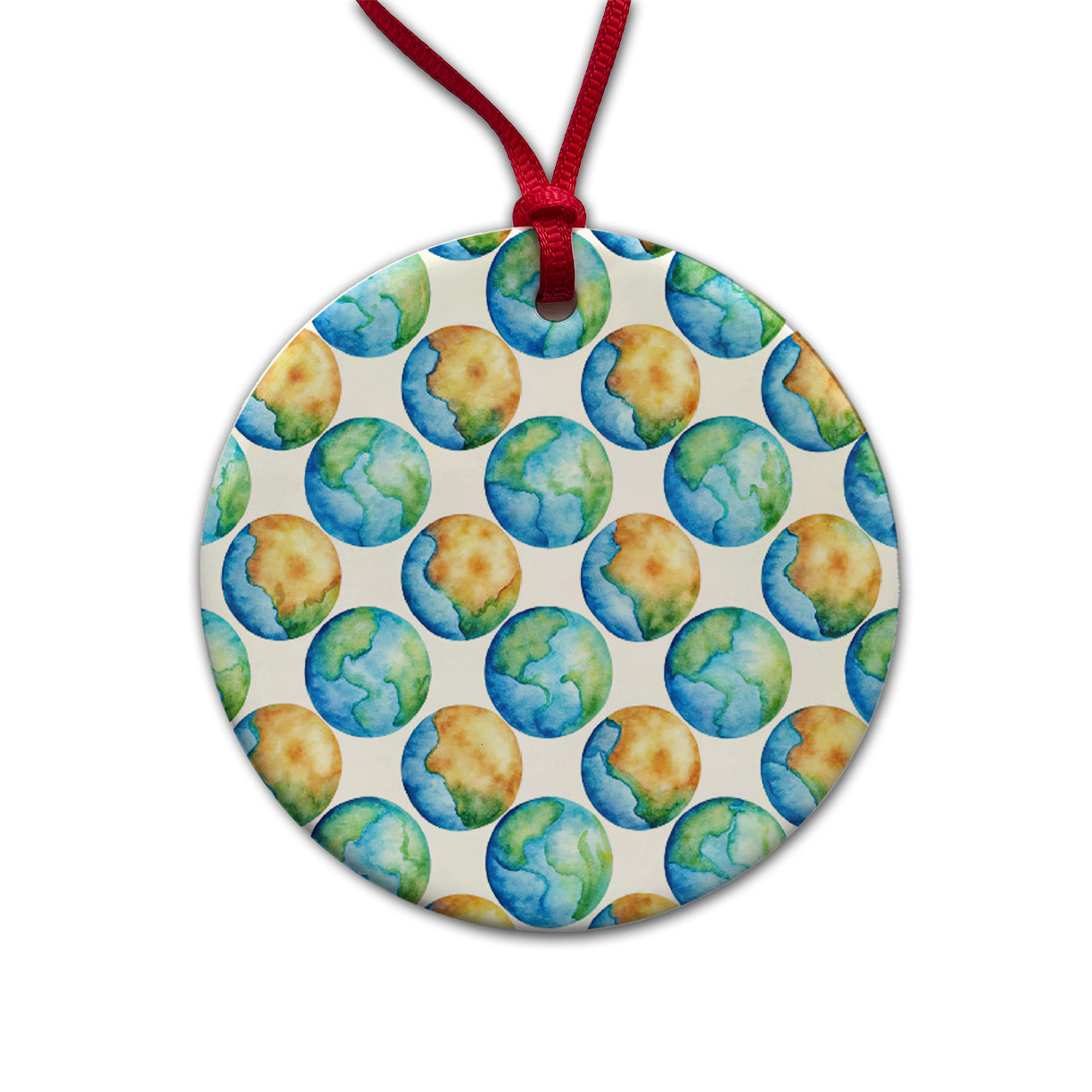 Globes Earth Pattern Watercolor Round Ceramic Holiday Christmas Tree Ornament