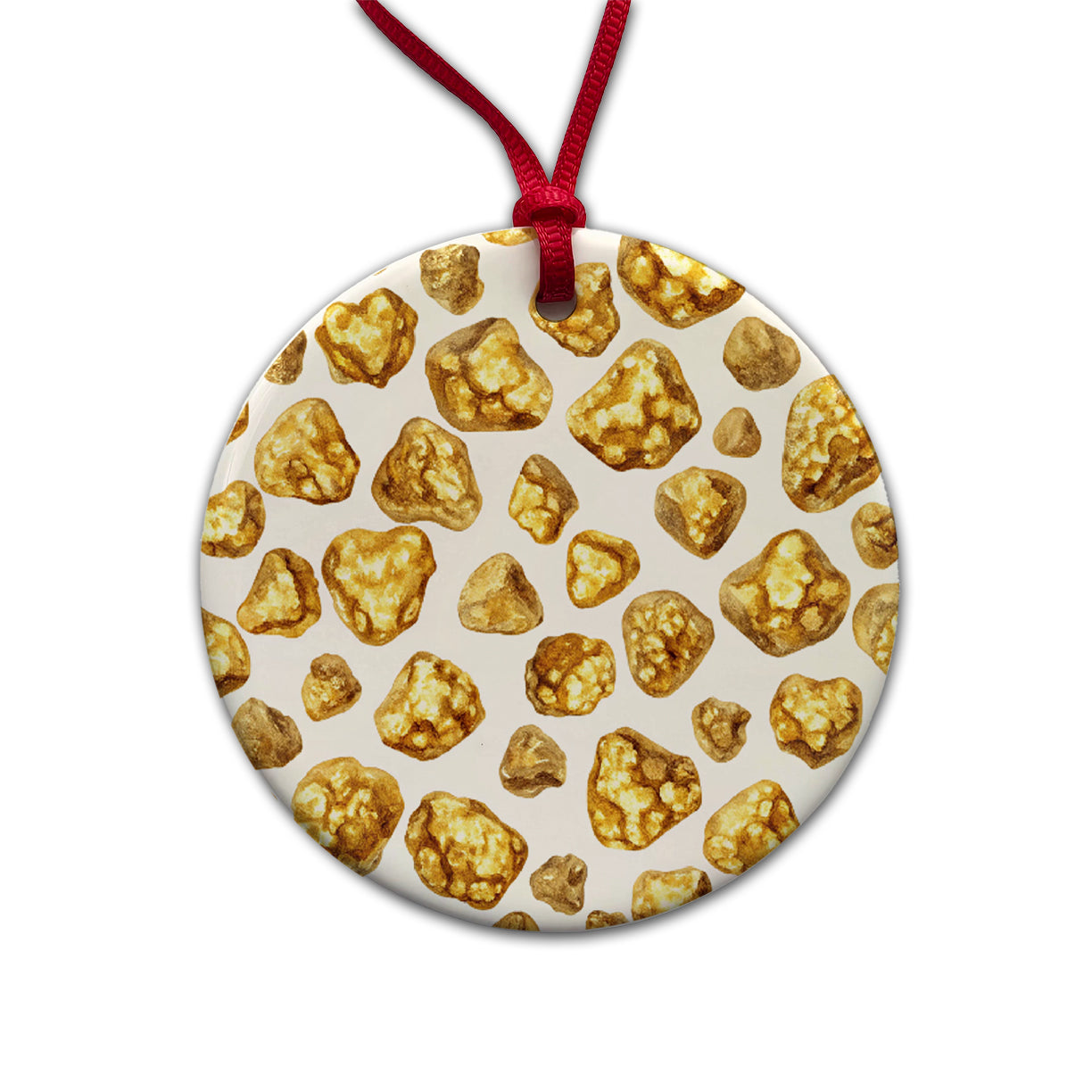 Gold Nuggets Pattern Watercolor Round Ceramic Holiday Christmas Tree Ornament