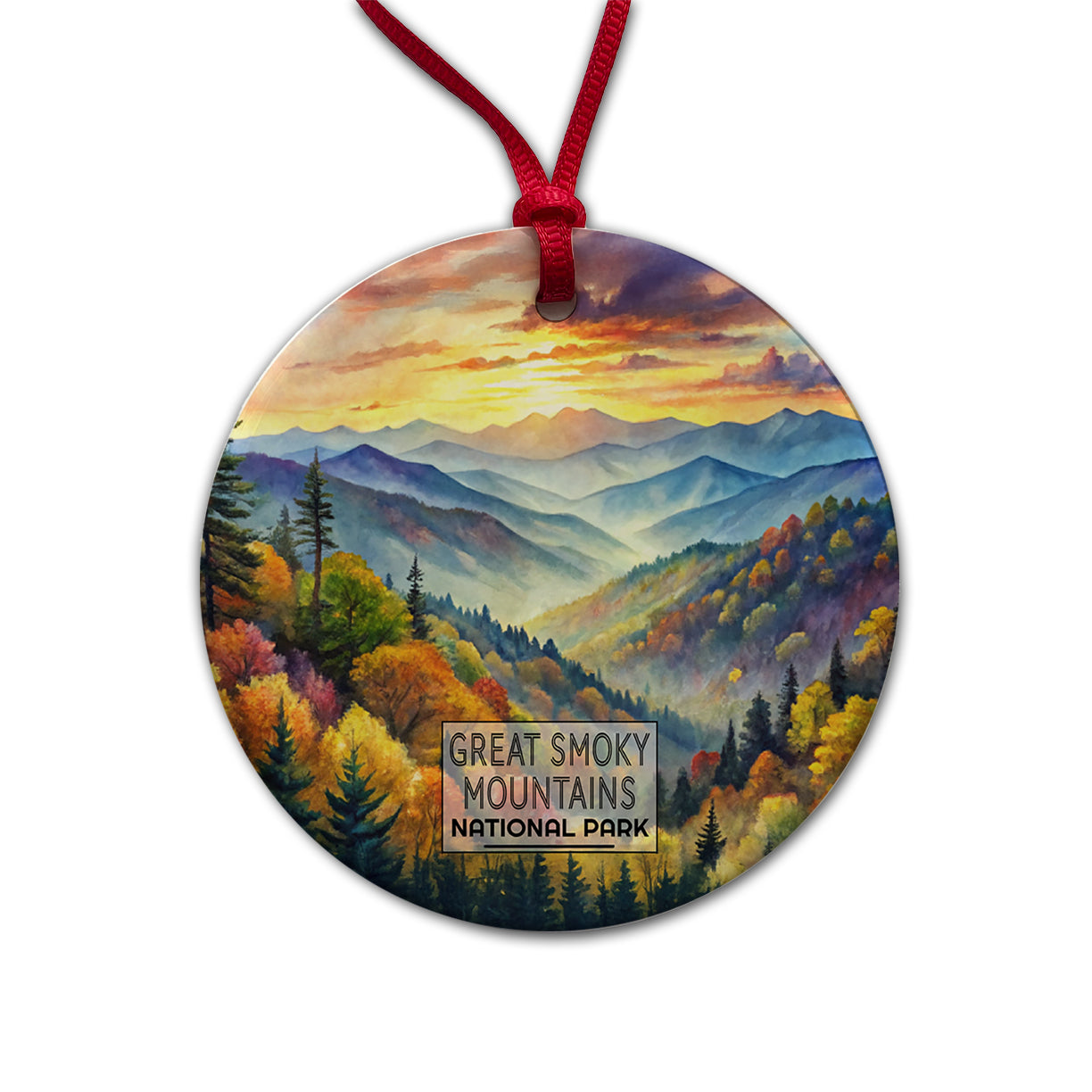 Great Smoky Mountains National Park North Carolina Tennessee Watercolor Round Ceramic Holiday Christmas Tree Ornament