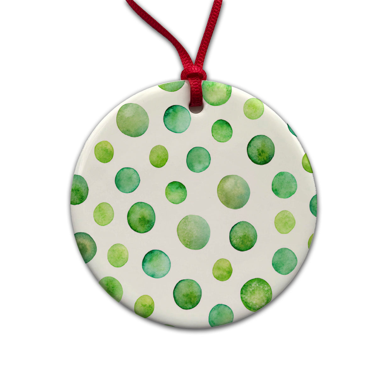Green Polka Dots Fun White Background Round Ceramic Holiday Christmas Tree Ornament
