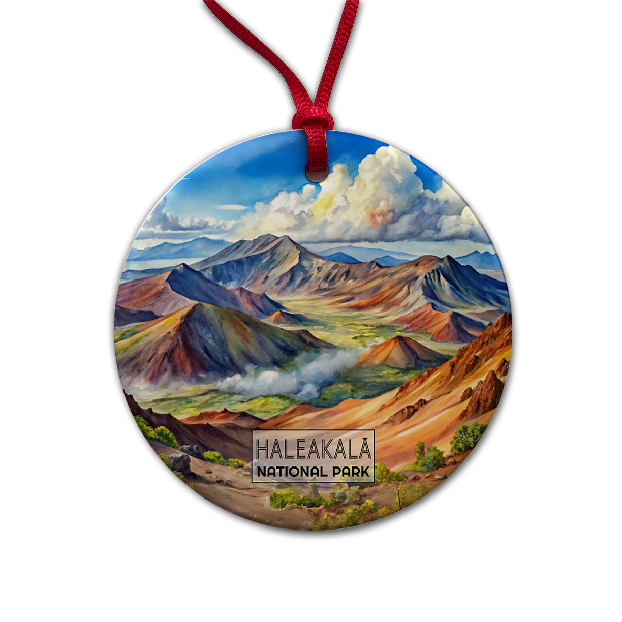 Haleakala National Park Hawaii Maui Watercolor Round Ceramic Holiday Christmas Tree Ornament