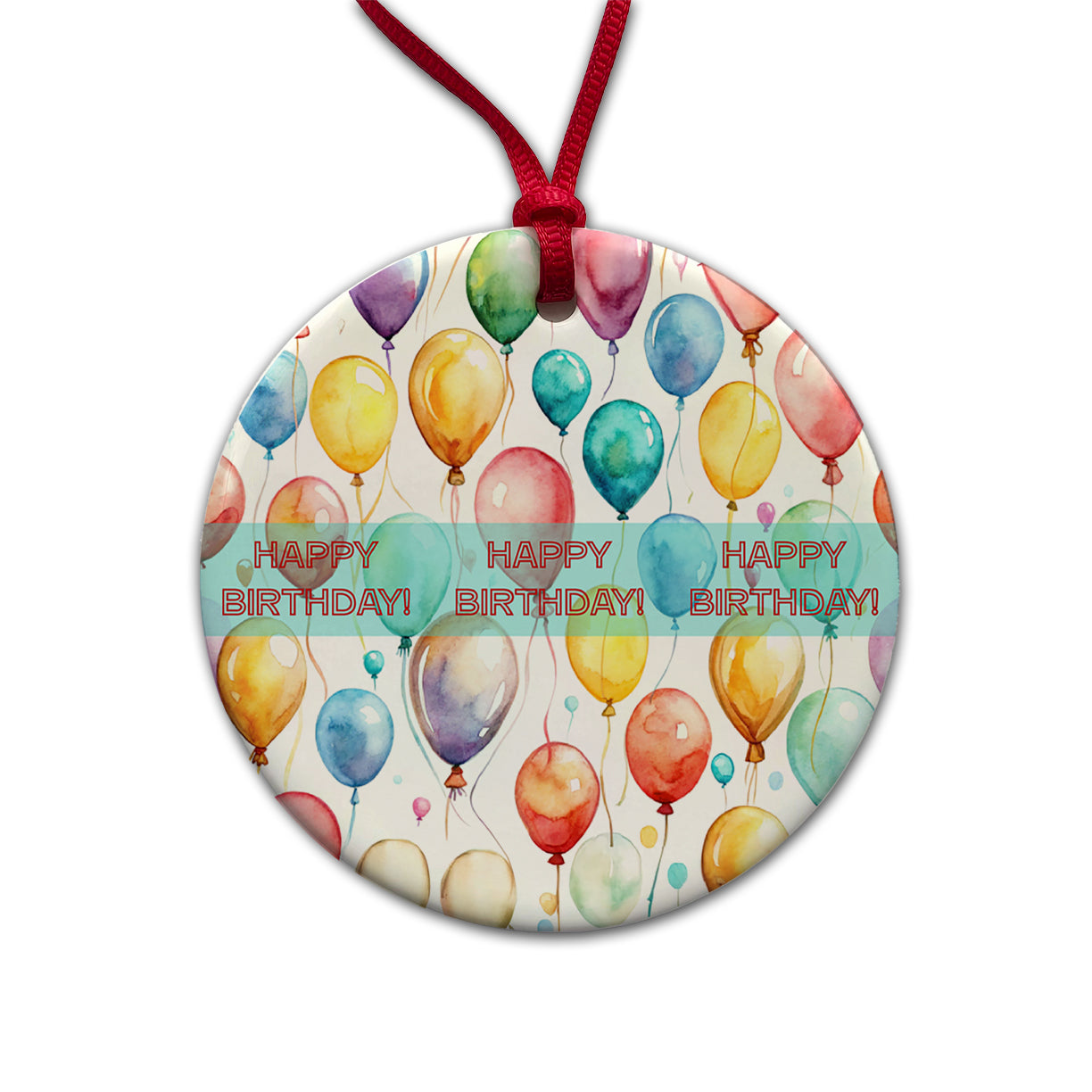 Happy Birthday Balloons Colorful Watercolor Round Ceramic Holiday Christmas Tree Ornament