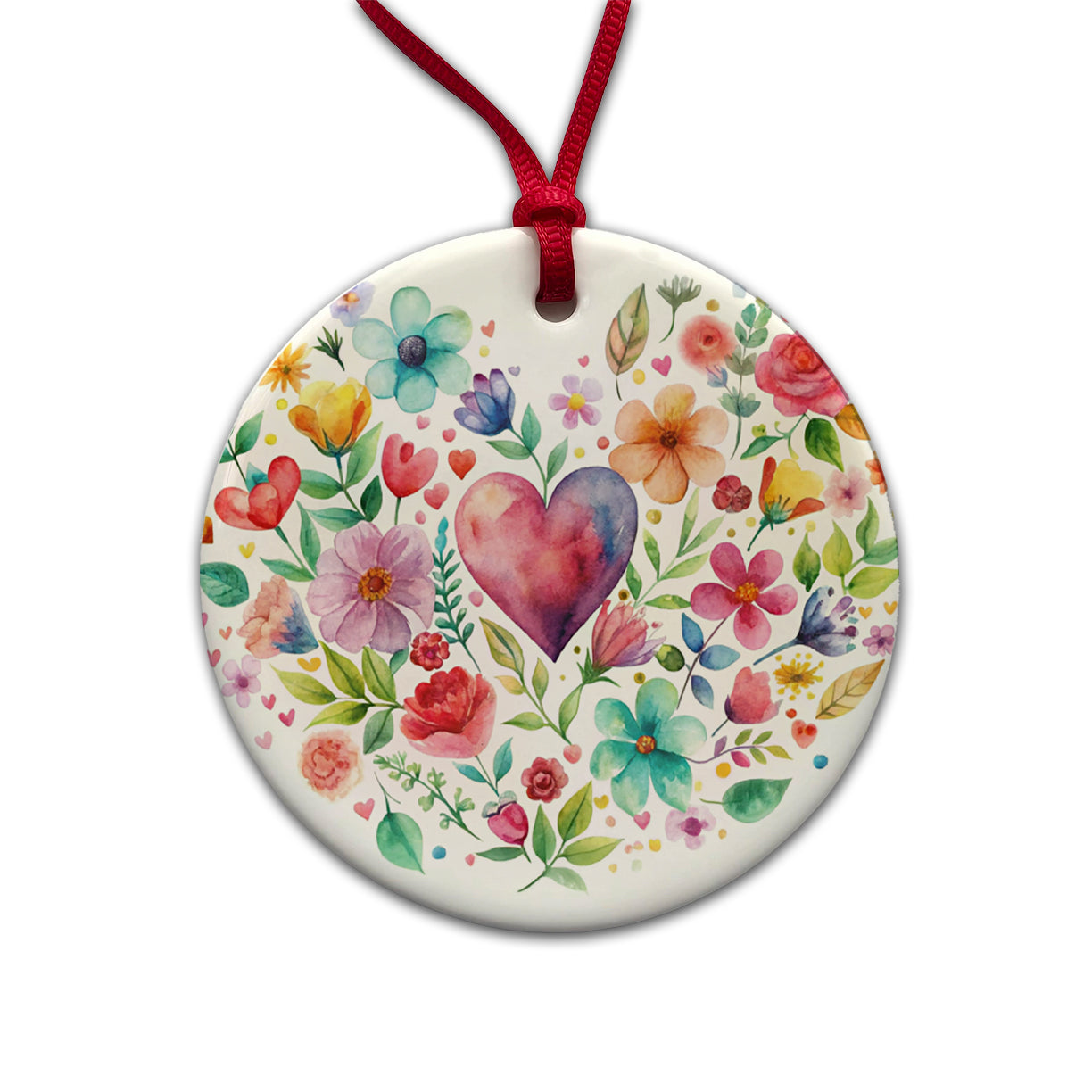 Hearts Flowers Watercolor Round Ceramic Holiday Christmas Tree Ornament