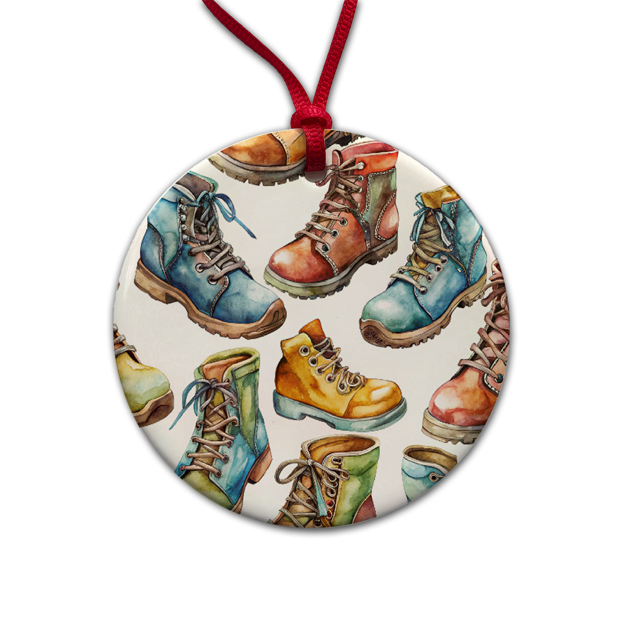 Hiking Boots Hikers Watercolor Round Ceramic Holiday Christmas Tree Ornament