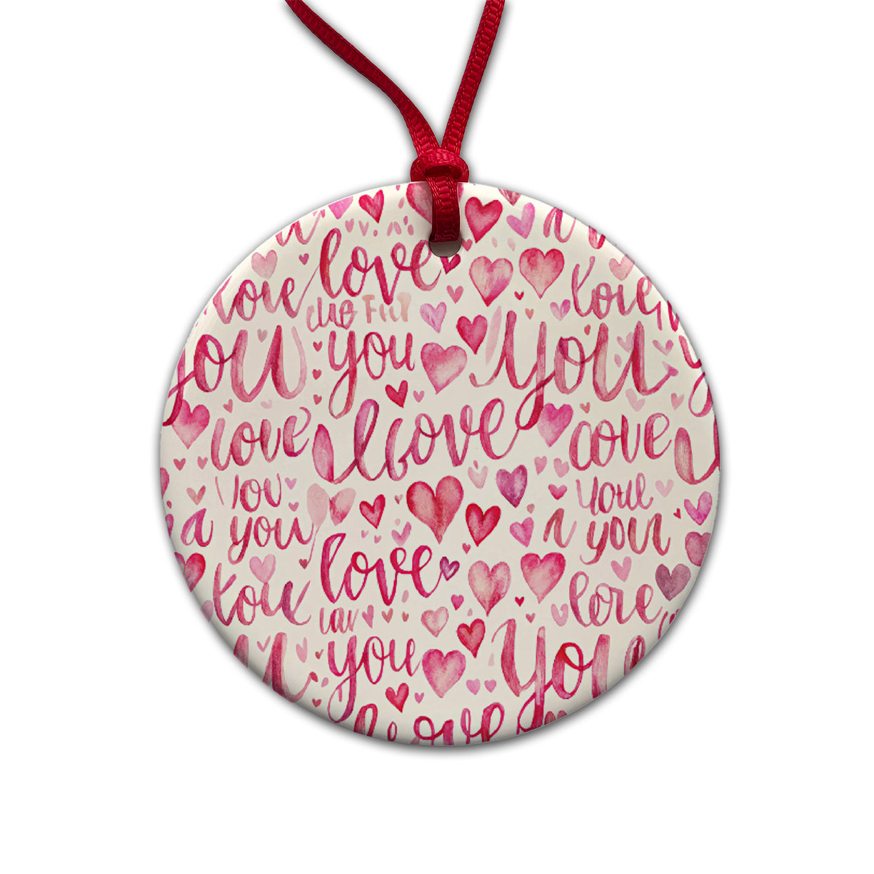 I Love You Script Pink Round Ceramic Holiday Christmas Tree Ornament