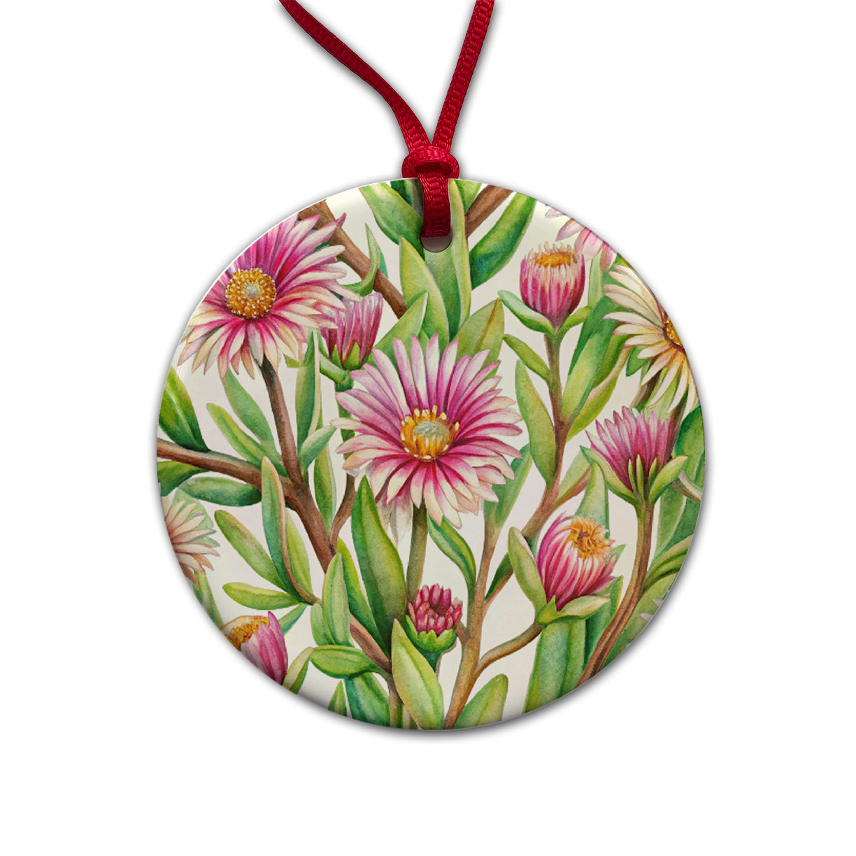 Ice Plant Flowers Watercolor Round Ceramic Holiday Christmas Tree Ornament
