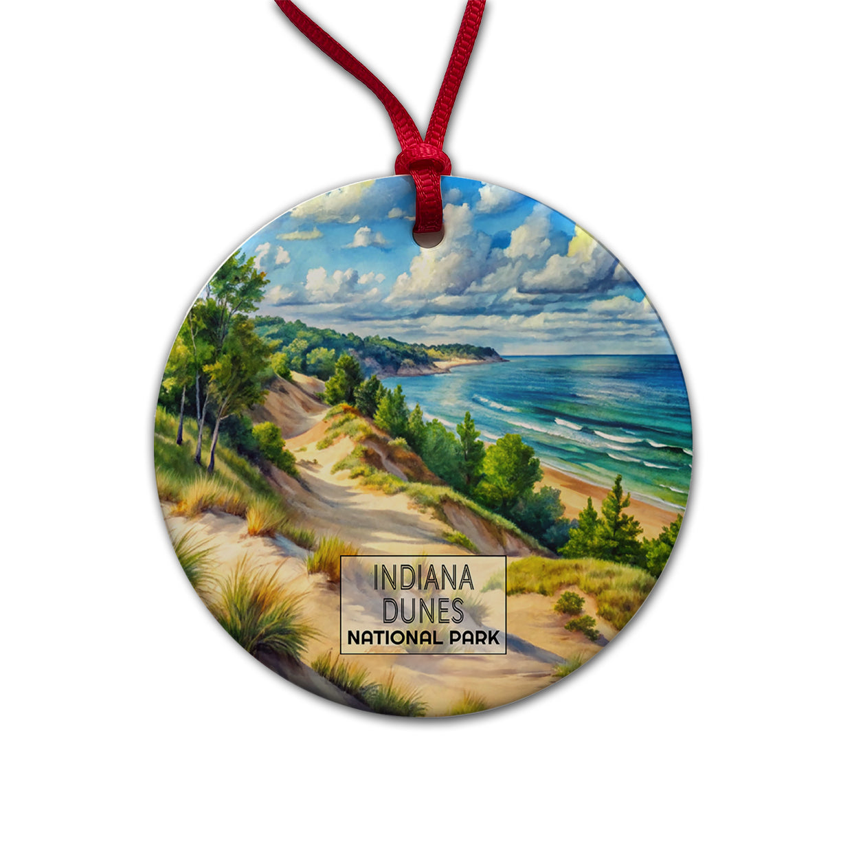 Indiana Dunes National Park Watercolor Round Ceramic Holiday Christmas Tree Ornament