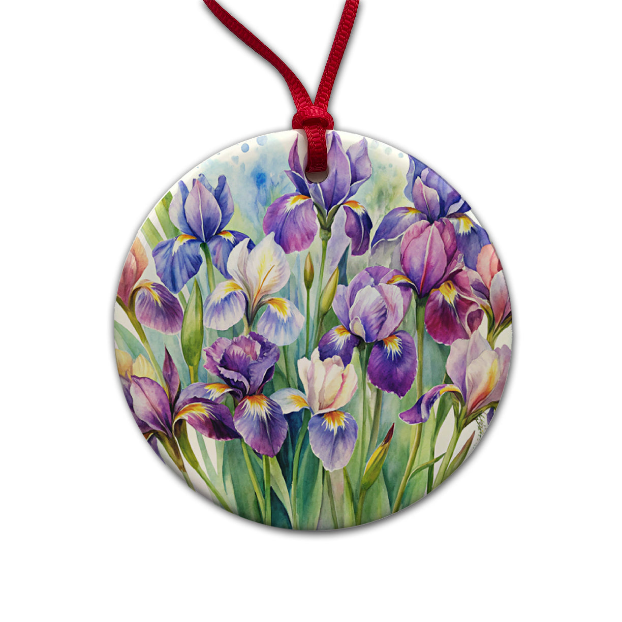 Iris Purple Pretty Flowers Watercolor Round Ceramic Holiday Christmas Tree Ornament