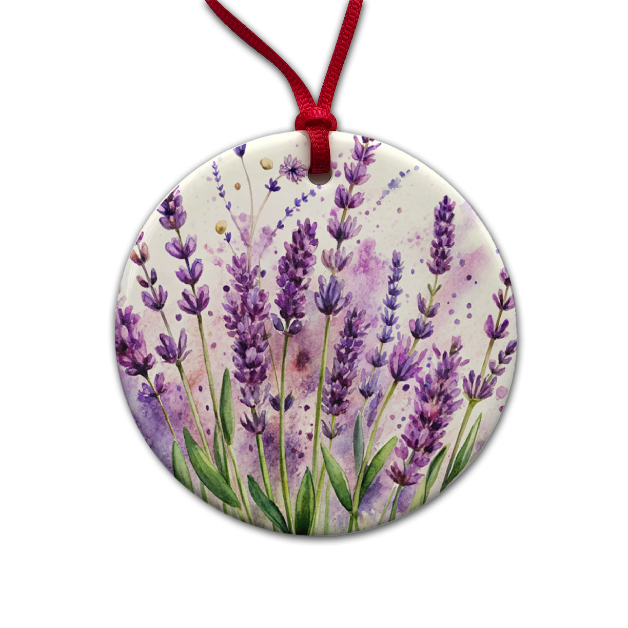 Lavender Flowers Watercolor Round Ceramic Holiday Christmas Tree Ornament