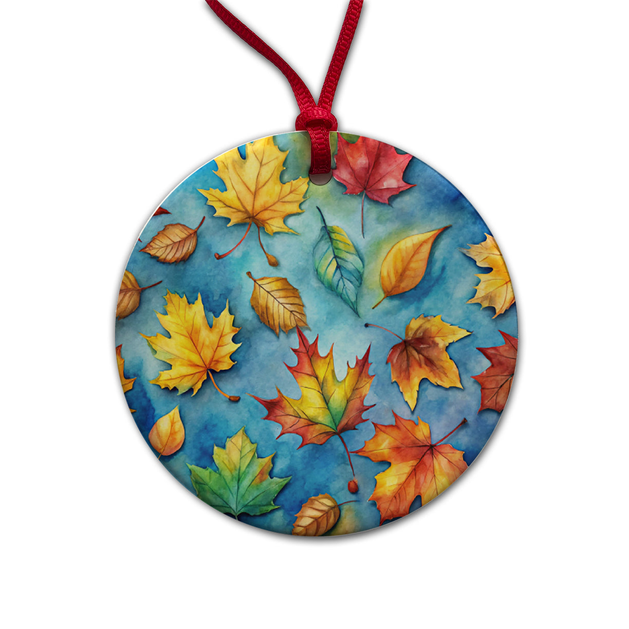 Leaves Blue Background Watercolor Round Ceramic Holiday Christmas Tree Ornament