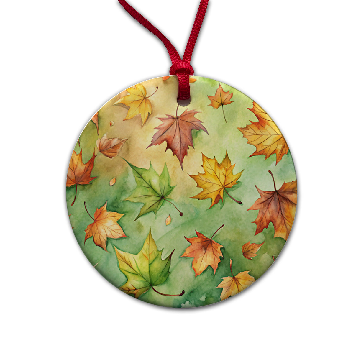 Leaves Green Background Watercolor Round Ceramic Holiday Christmas Tree Ornament