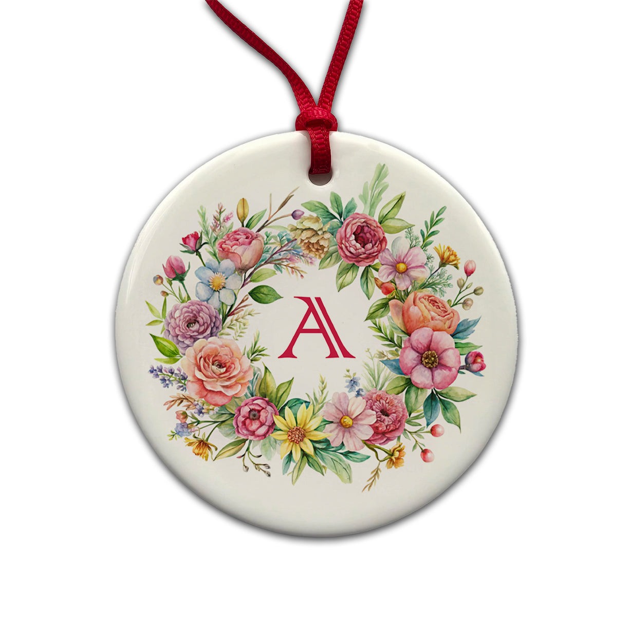 Letter A Initial Monogram Flowers Floral Round Ceramic Holiday Christmas Tree Ornament
