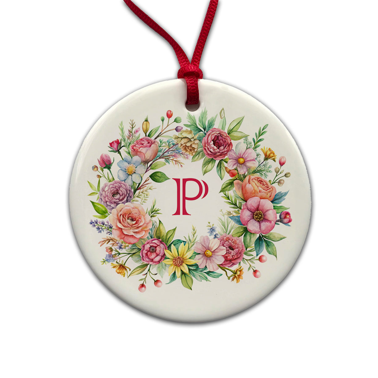 Letter P Initial Monogram Flowers Floral Round Ceramic Holiday Christmas Tree Ornament
