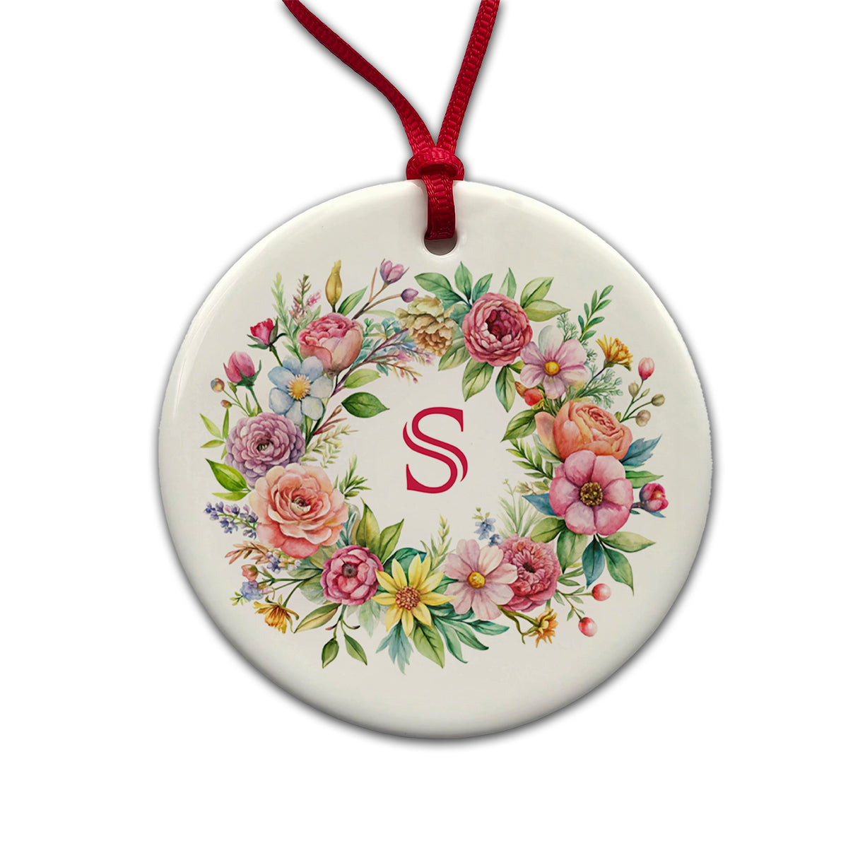 Letter S Initial Monogram Flowers Floral Round Ceramic Holiday Christmas Tree Ornament