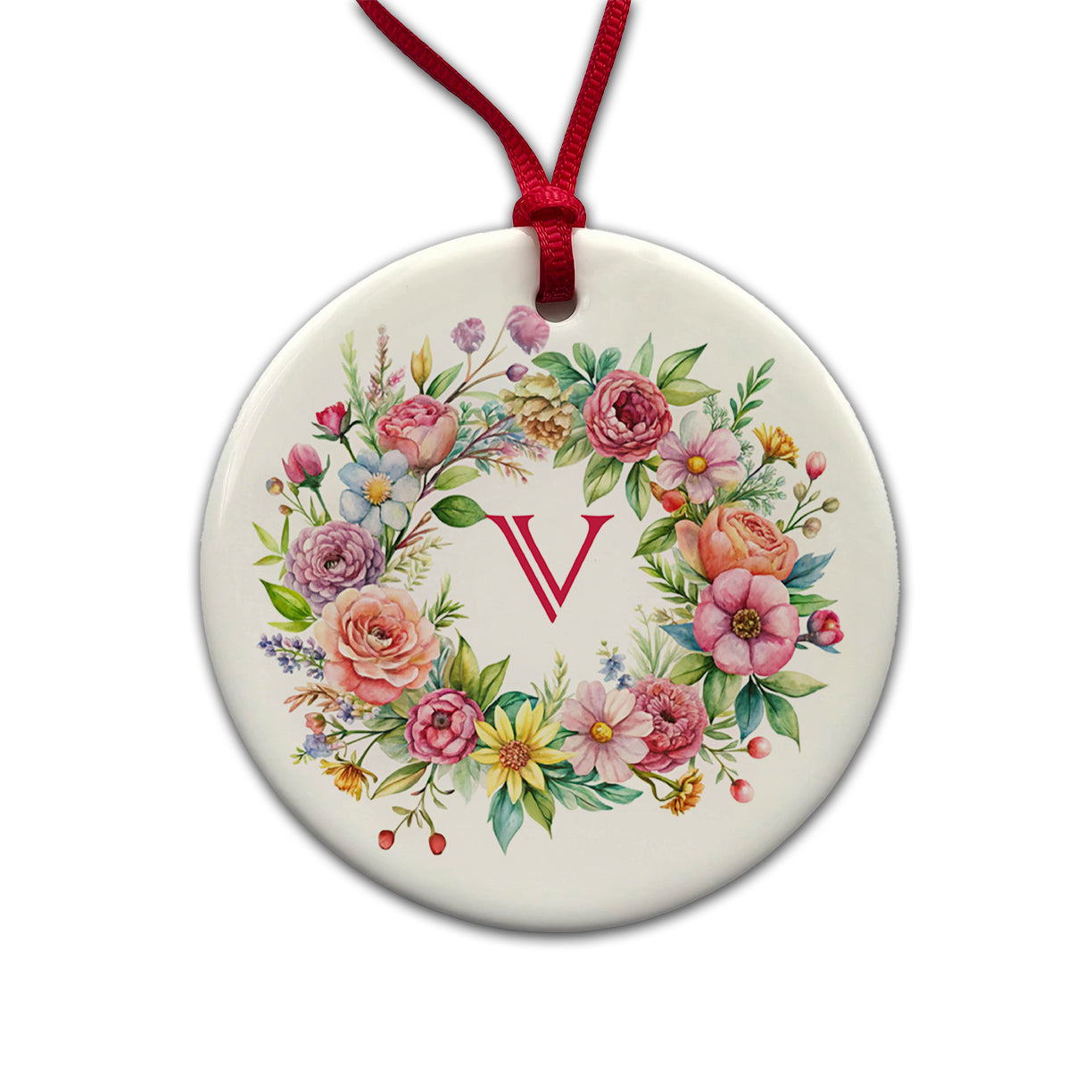 Letter V Initial Monogram Flowers Floral Round Ceramic Holiday Christmas Tree Ornament