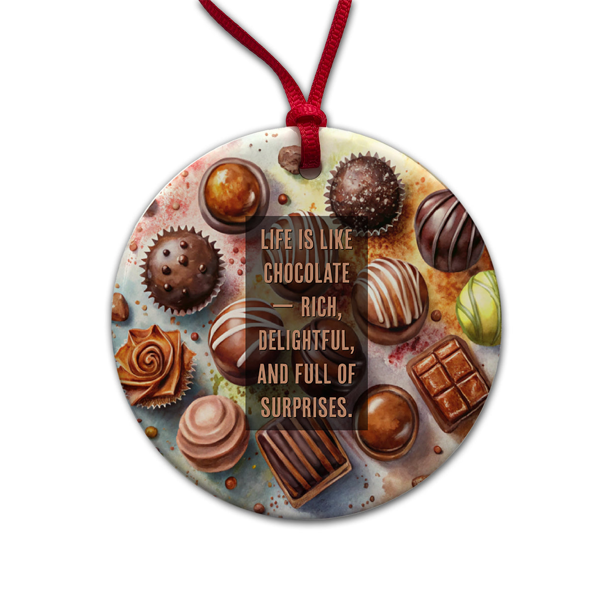 Life Is Like Chocolate Inspirational Watercolor Round Ceramic Holiday Christmas Tree Ornament