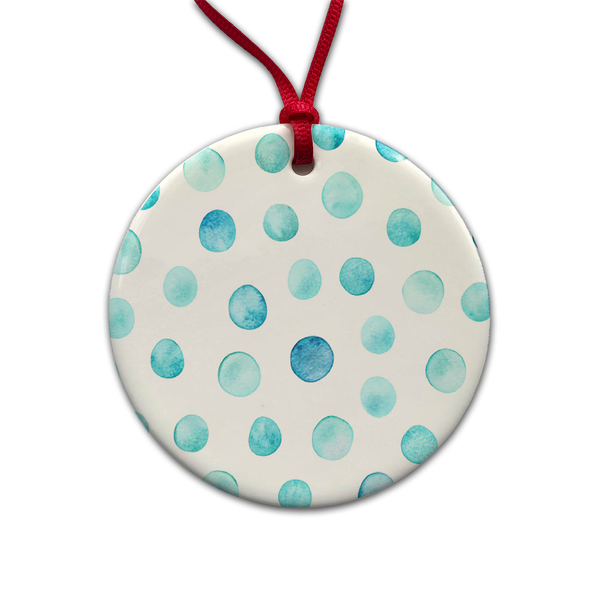 Light Blue Polka Dots White Round Ceramic Holiday Christmas Tree Ornament