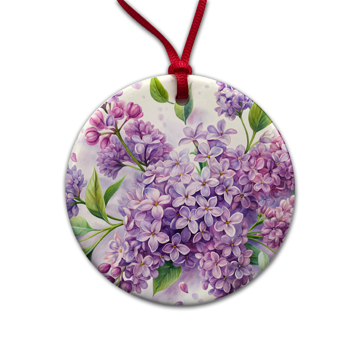 Lilac Flowers Watercolor Round Ceramic Holiday Christmas Tree Ornament