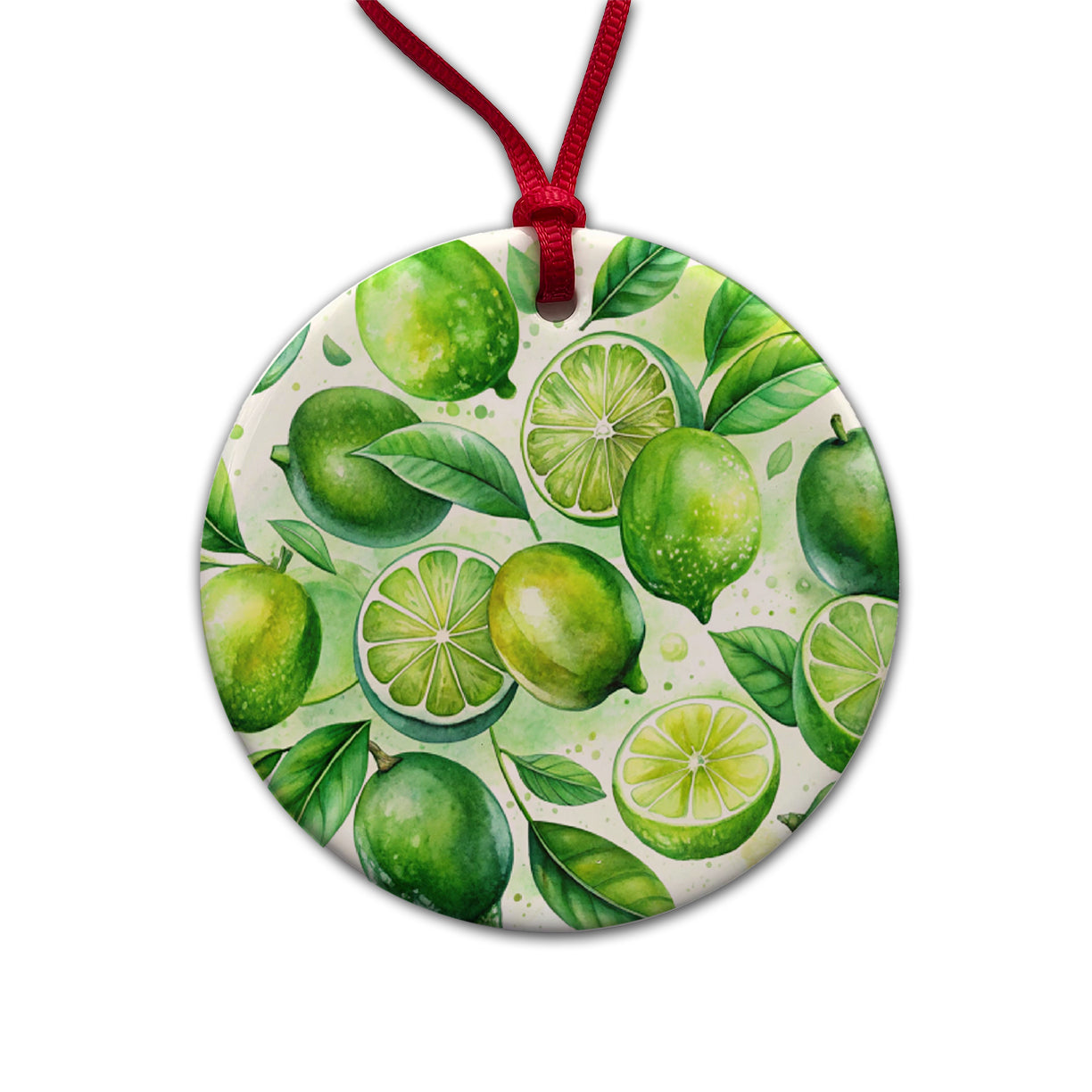Limes Fruit Watercolor Round Ceramic Holiday Christmas Tree Ornament