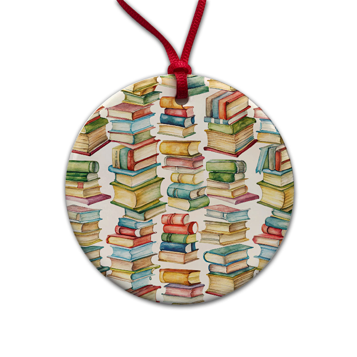 Lots Of Books Library Reading Reader Round Ceramic Holiday Christmas Tree Ornament