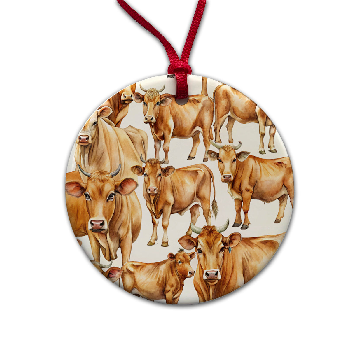 Lots Of Brown Cows Round Ceramic Holiday Christmas Tree Ornament
