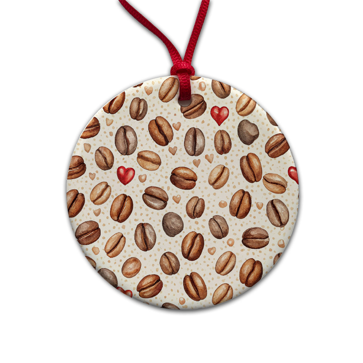 Lots Of Coffee Beans Hearts Round Ceramic Holiday Christmas Tree Ornament
